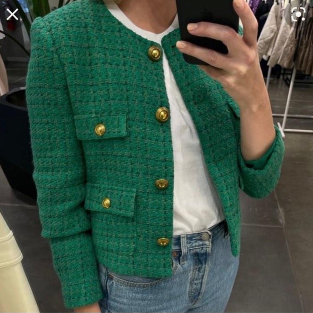Mango green tweed jacket with gold buttons